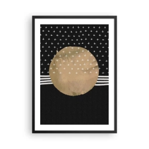 Affisch i svart ram - Abstrakt gyllene boll på en svart bakgrund med mönster - 50x70cm - Komposition: galaxens flagga - Modern väggdekoration för vardagsrum och sovrum ARTTOR