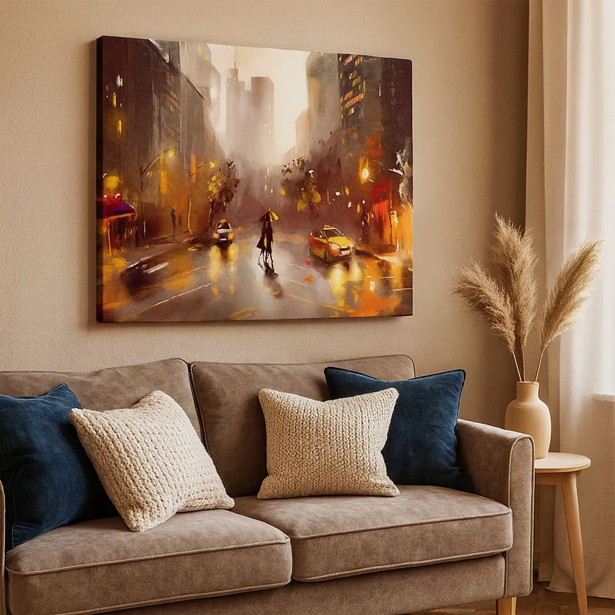 Canvastavla - Bild på duk - En stadsbild på natten i ljuset från gatlyktor och reflektioner på en våt gata. - 70x50cm - I New Yorks ljus - Modern väggdekoration för vardagsrum och sovrum ARTTOR