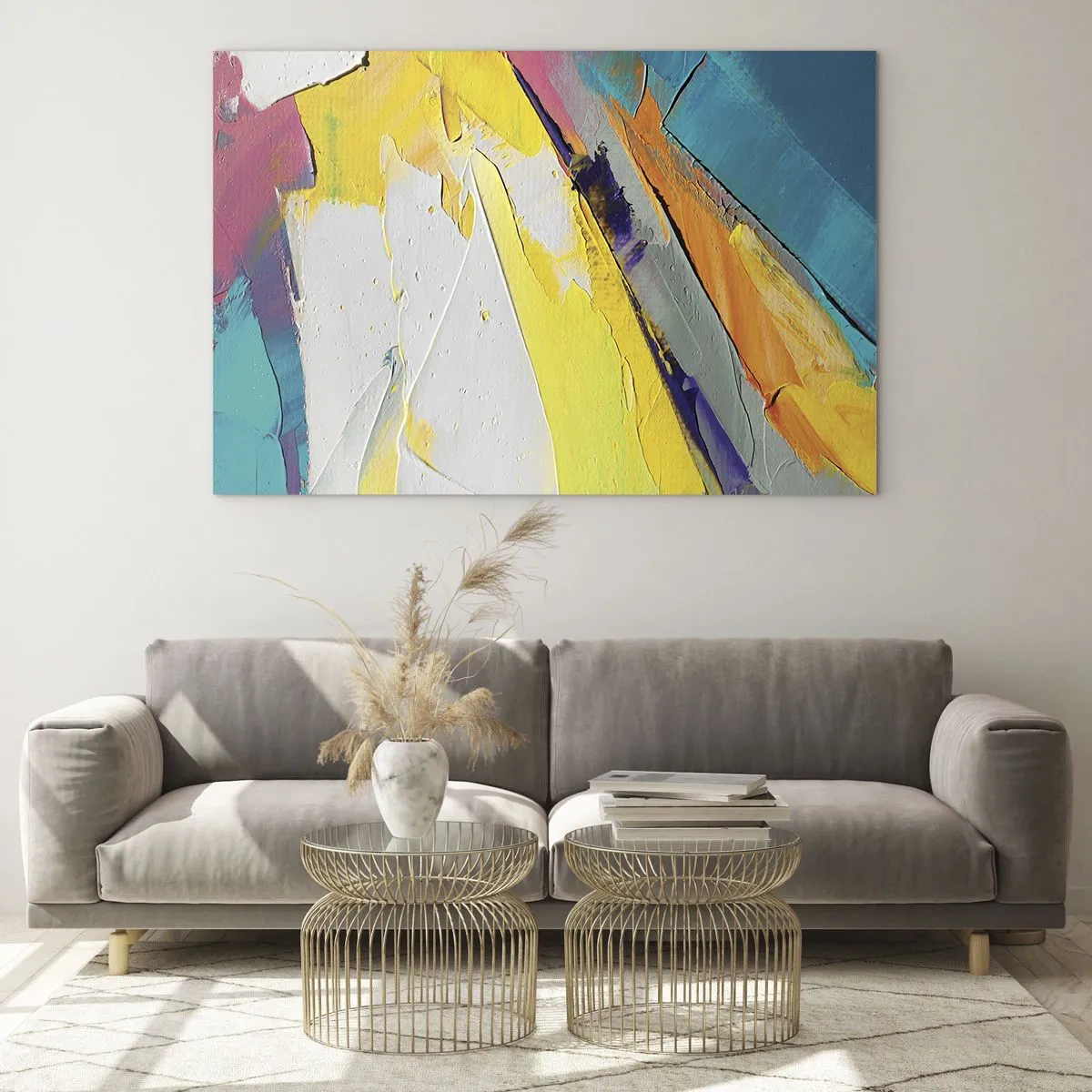 Glastavla - Bild på glas - Abstrakta penseldrag i gult, blått och vitt - 70x50cm - Världens anatomi - Modern väggdekoration för vardagsrum och sovrum ARTTOR
