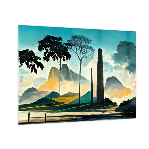 Glastavla - Bild på glas - Ett fantasilandskap med berg, träd och en hög klippa - 70x50cm - Fortfarande högre och högre - Modern väggdekoration för vardagsrum och sovrum ARTTOR