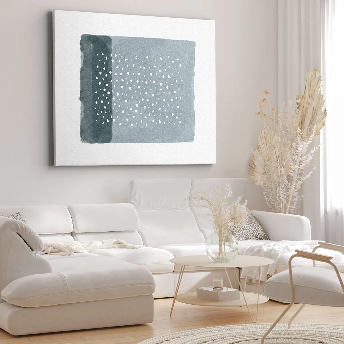 Canvastavla - Bild på duk - En minimalistisk målning i blå nyanser med prickar - 70x50cm - Uppstådda ur det blåa - Modern väggdekoration för vardagsrum och sovrum ARTTOR