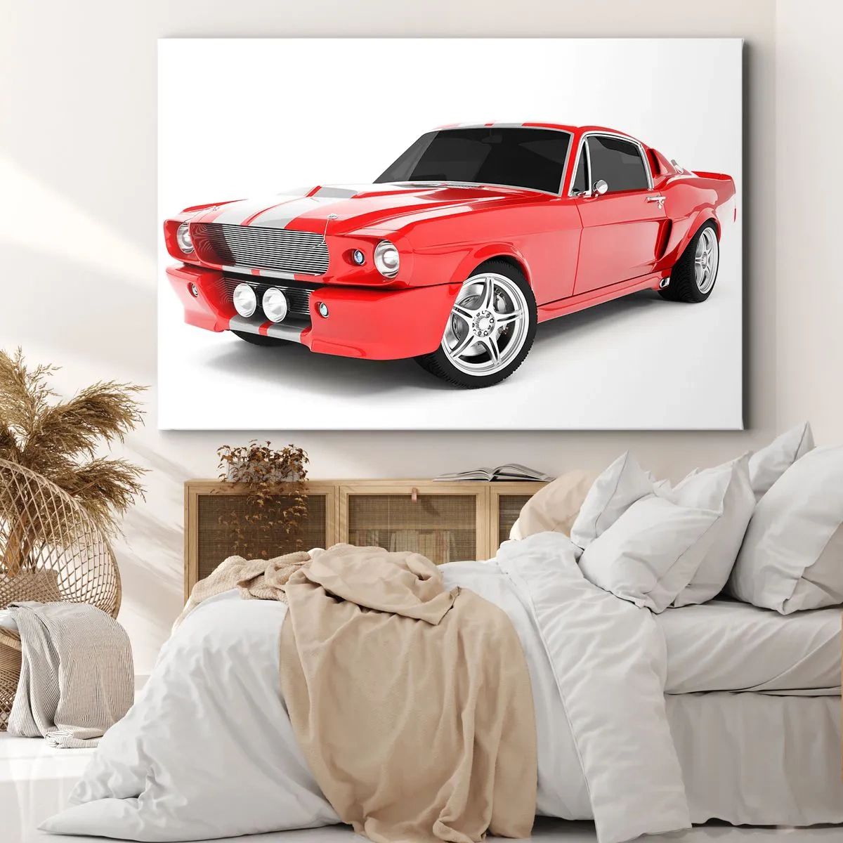 Canvastavla - Bild på duk - Röd sportbil med vita ränder - 70x50cm - Mustang snabb som vinden - Modern väggdekoration för vardagsrum och sovrum ARTTOR