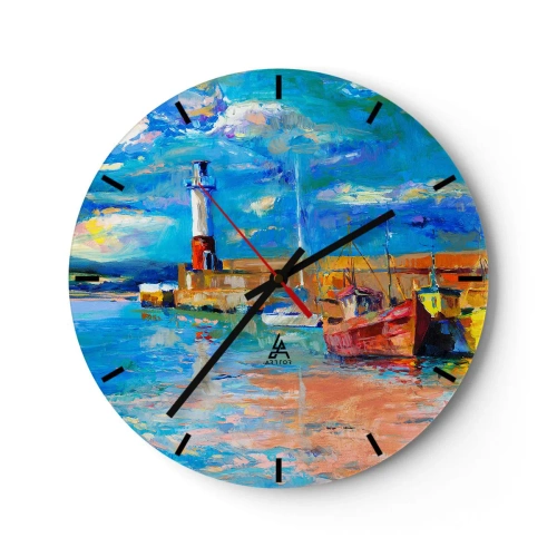 Väggklocka - Klocka på glas - En fyr och båtar i en färgglad, pittoresk miljö - 30x30cm - Eftermiddag i regnbågsviken - Modern väggdekoration för vardagsrum, kök och sovrum ARTTOR