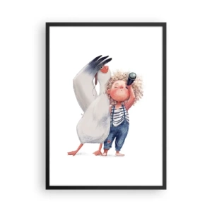 Affisch i svart ram - Illustration av ett barn med kikare och en fågel som följer med dem - 50x70cm - Stora resans plan - Modern väggdekoration för vardagsrum och sovrum ARTTOR