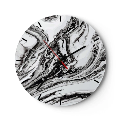 Väggklocka - Klocka på glas - Abstrakt marmormönster i svart och vitt - 30x30cm - I början var det kaos - Modern väggdekoration för vardagsrum, kök och sovrum ARTTOR