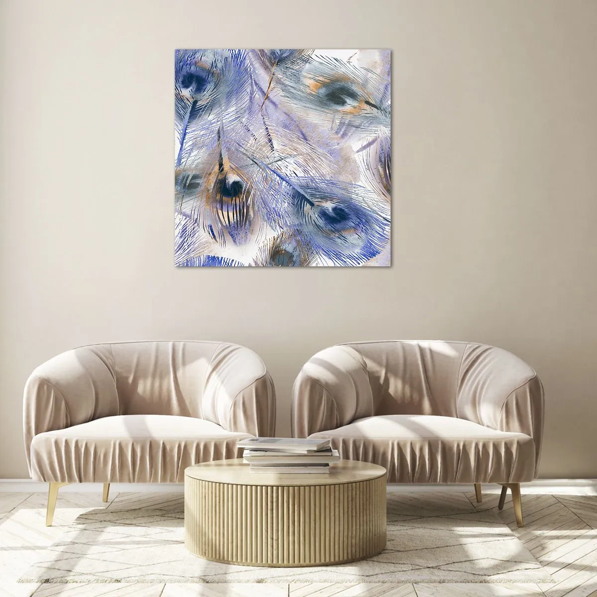 Glastavla - Bild på glas - Komposition med påfågelsfjädrar - 30x30 cm
