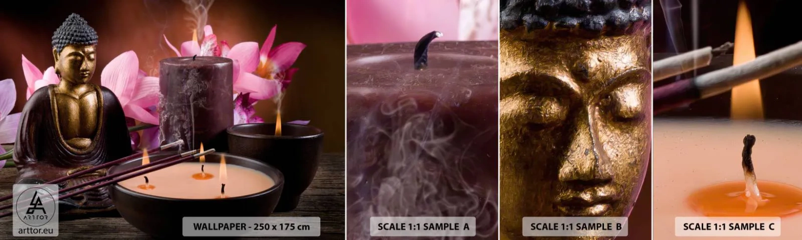 Fototapet Prov Standard Eco - Rensa hjärnan, lugna ner kroppen - Buddha, Religion, Blommor - 100x30 cm