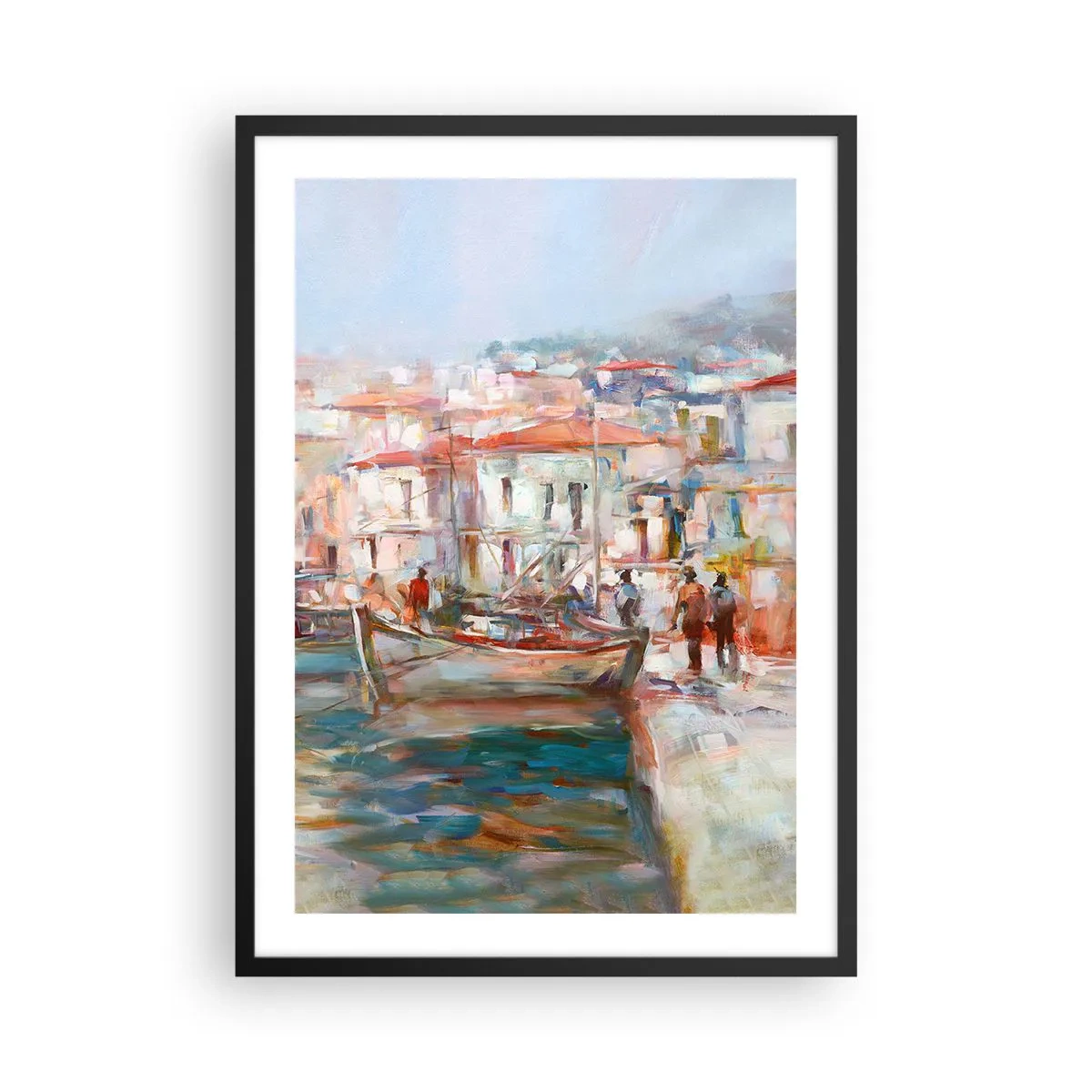 Affisch i svart ram - En pittoresk hamn i pastellfärger - 50x70cm - Pastellfärgad semester - Modern väggdekoration för vardagsrum och sovrum ARTTOR