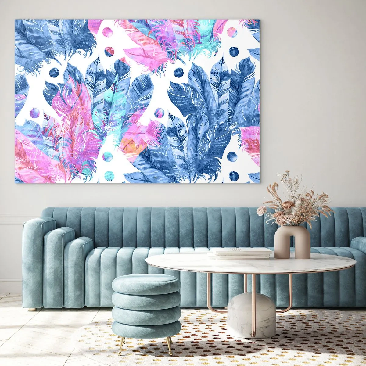 Glastavla - Bild på glas - Färgglada fjädrar i nyanser av rosa och blått på en vit bakgrund - 70x50cm - Fjädrar i vitt och blått - Modern väggdekoration för vardagsrum och sovrum ARTTOR