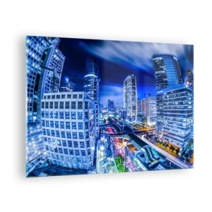 Glastavla - Bild på glas - Panorama över en modern stad på natten med starka ljus - 70x50cm - Stadens nattrytmer - Modern väggdekoration för vardagsrum och sovrum ARTTOR