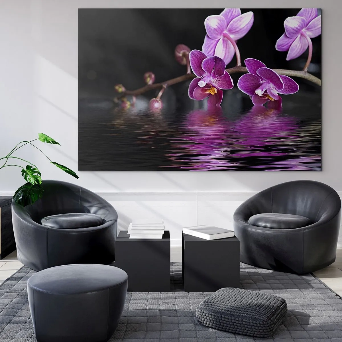 Glastavla - Bild på glas - Lila orkidéer reflekterade i vattnet - 70x50cm - Lila skönhet - Modern väggdekoration för vardagsrum och sovrum ARTTOR