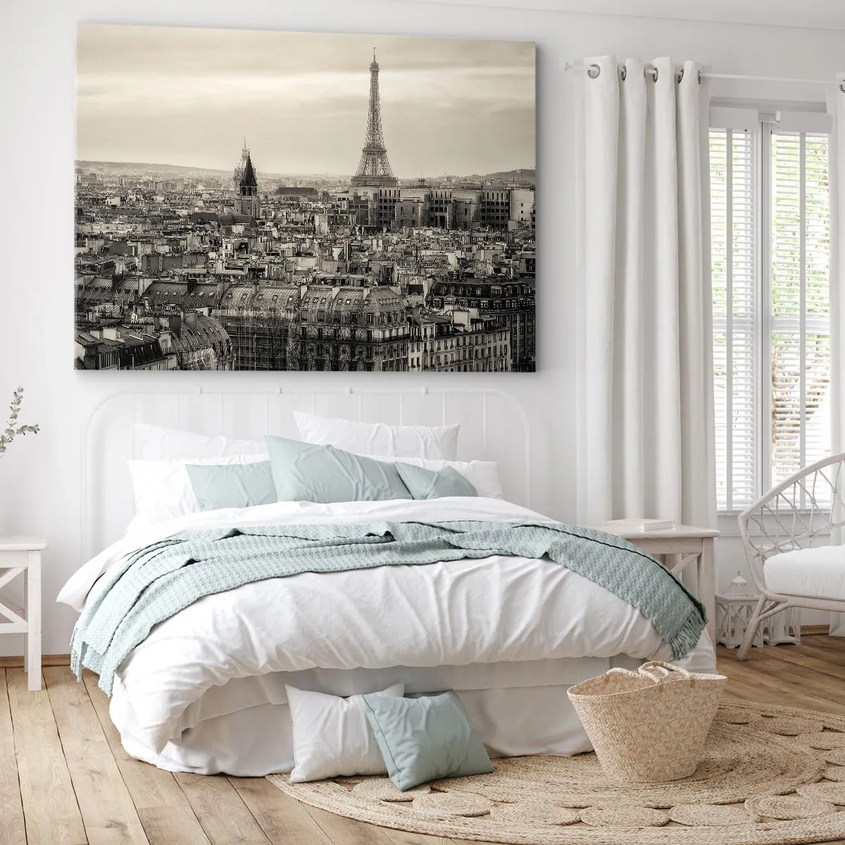 Canvastavla - Bild på duk - Panorama över Paris med Eiffeltornet i sepiafärger - 70x50cm - Över Paris tak - Modern väggdekoration för vardagsrum och sovrum ARTTOR