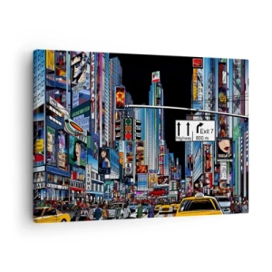 Canvastavla - Bild på duk - En livlig stad med färgglada reklamfilmer och gula taxibilar - 70x50cm - En natt som i serierna - Modern väggdekoration för vardagsrum och sovrum ARTTOR