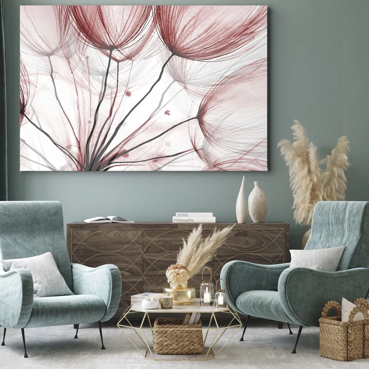 Canvastavla - Bild på duk - Fina blommor i röda nyanser mot en ljus bakgrund - 70x50cm - Före avresan - Modern väggdekoration för vardagsrum och sovrum ARTTOR