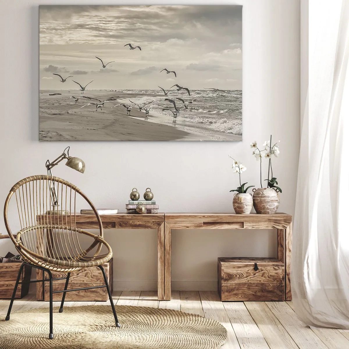 Canvastavla - Bild på duk - En mås i flykt över ett kustlandskap - 70x50cm - Havets brus, fågelsång - Modern väggdekoration för vardagsrum och sovrum ARTTOR