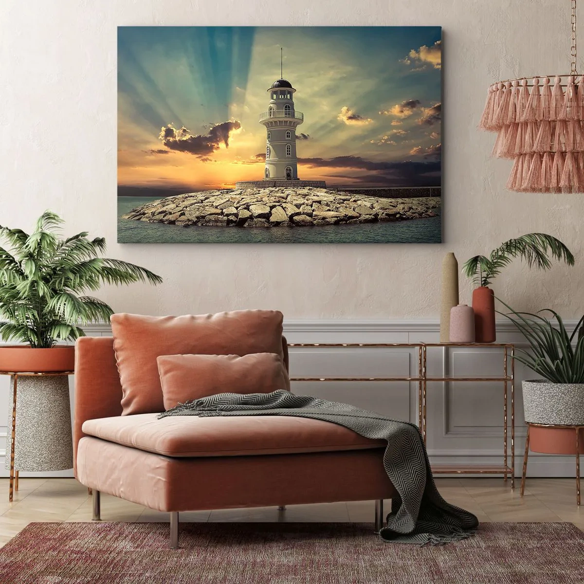 Canvastavla - Bild på duk - En fyr vid solnedgången mot himlen - 70x50cm - Ljus - Godhet - Skönhet - Modern väggdekoration för vardagsrum och sovrum ARTTOR