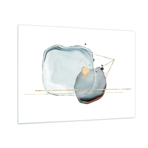 Glastavla - Bild på glas - Modern abstraktion med droppar och gyllene geometriska linjer - 70x50cm - En studie av droppar - Modern väggdekoration för vardagsrum och sovrum ARTTOR