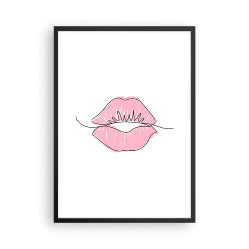 Affisch i svart ram - Minimalistisk illustration av rosa läppar på vit bakgrund - 50x70cm - Redo att kyssas? - Modern väggdekoration för vardagsrum och sovrum ARTTOR