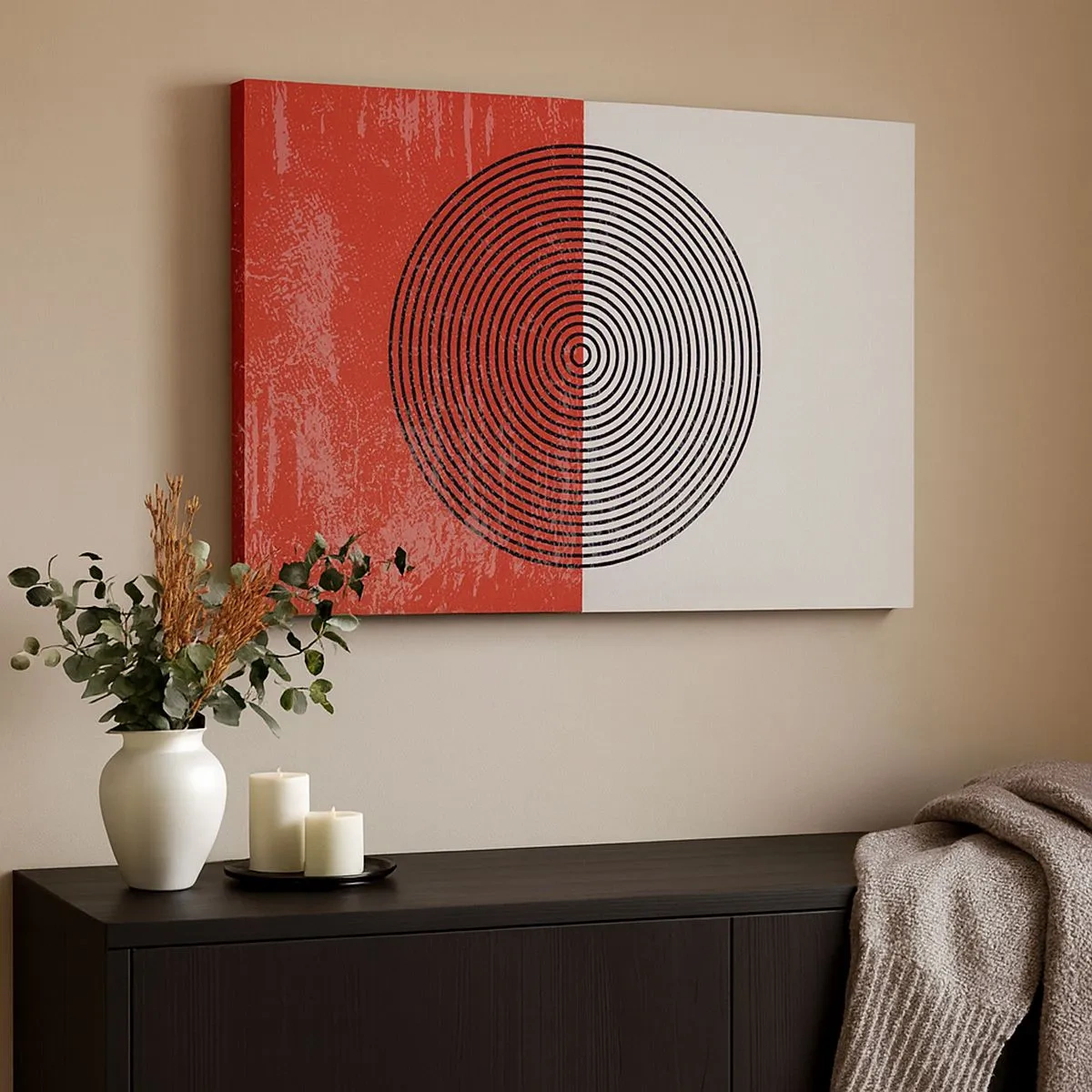 Canvastavla - Bild på duk - Geometriskt mönster med koncentriska cirklar på en röd och vit bakgrund - 70x50cm - Mitt i prick - Modern väggdekoration för vardagsrum och sovrum ARTTOR