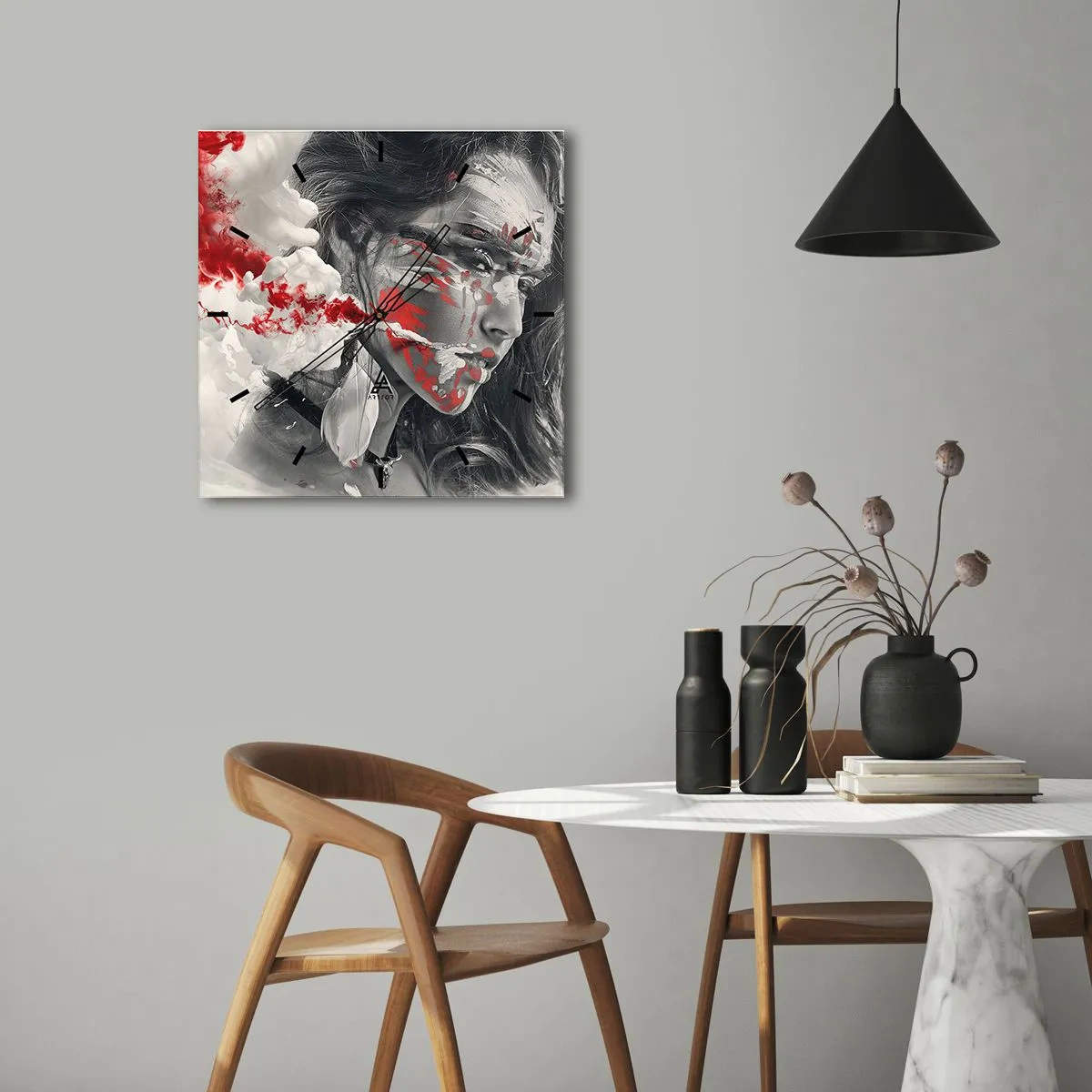 Väggklocka - Klocka på glas - Röd-vit absurdhet - 40x40 cm
