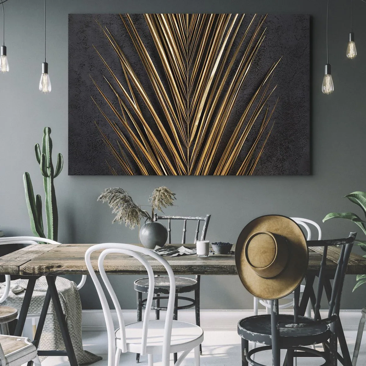 Canvastavla - Bild på duk - Gyllene tropiskt löv på svart bakgrund - 70x50cm - Tropikens guld - Modern väggdekoration för vardagsrum och sovrum ARTTOR