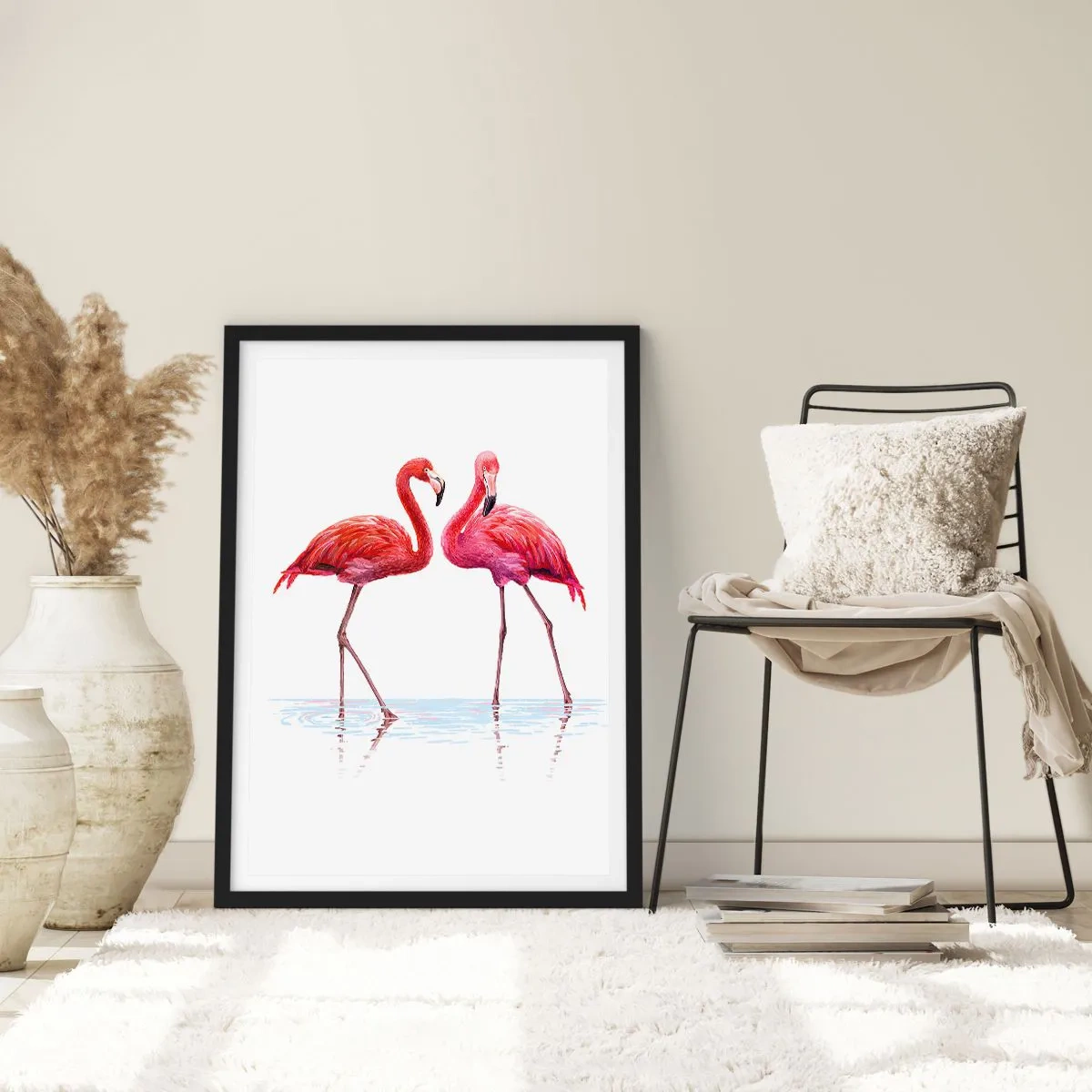 Affisch i svart ram - Två flamingos på en vit bakgrund med reflektion i vattnet - 50x70cm - Rosa rendez-vous - Modern väggdekoration för vardagsrum och sovrum ARTTOR