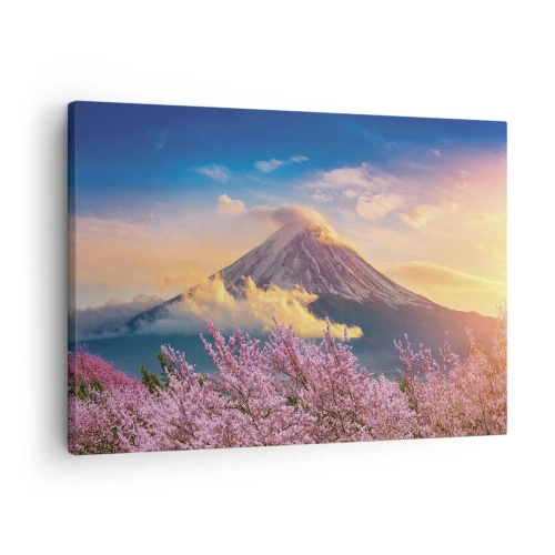 Canvastavla - Bild på duk - Mount Fuji med körsbärsblommor i bakgrunden vid solnedgången - 70x50cm - Japansk helgedom - Modern väggdekoration för vardagsrum och sovrum ARTTOR