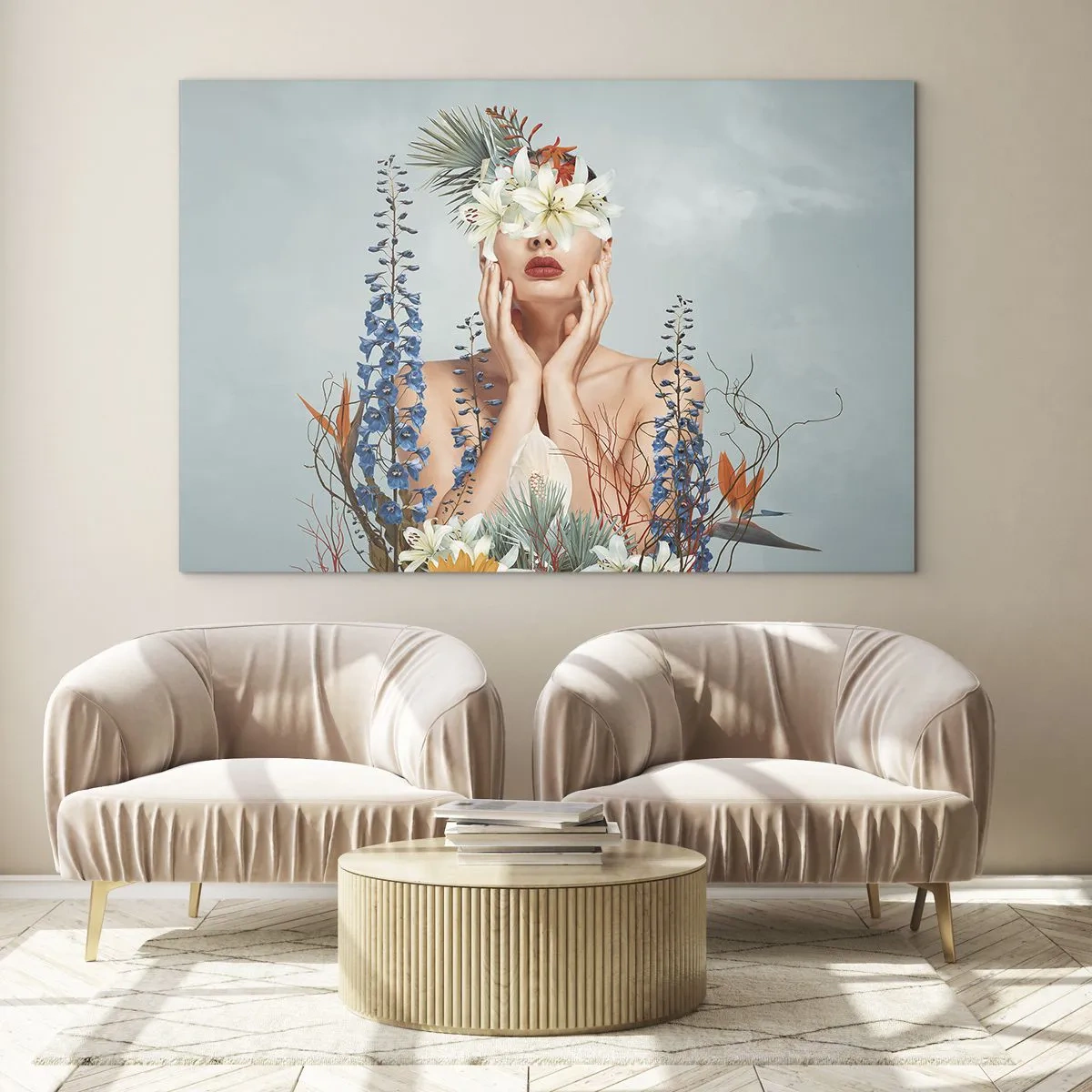 Glastavla - Bild på glas - Figur av en kvinna med blomsterkrona och blomsterarrangemang - 70x50cm - Kvinna - blomma - Modern väggdekoration för vardagsrum och sovrum ARTTOR