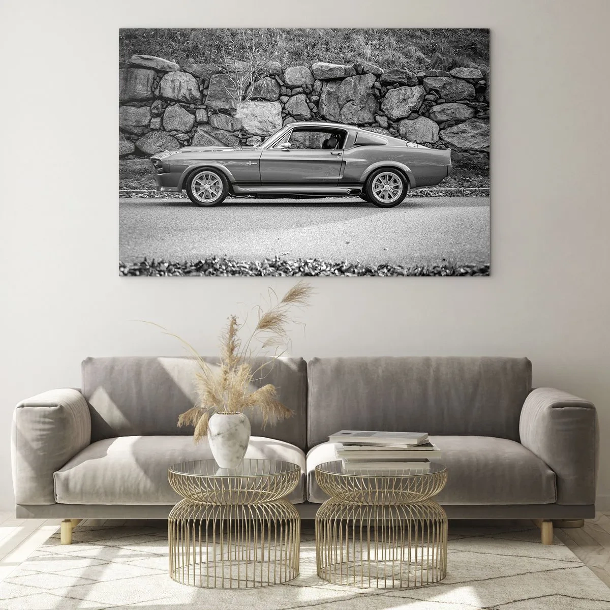 Glastavla - Bild på glas - En klassisk bil mot en stenmur - 70x50cm - Legend från 60-talet - Modern väggdekoration för vardagsrum och sovrum ARTTOR