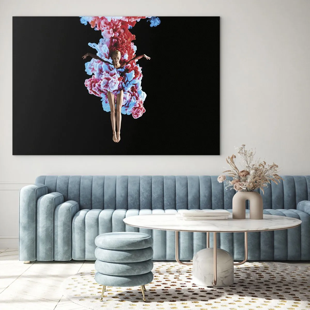 Glastavla - Bild på glas - En dansare omgiven av färgglad rök mot en svart bakgrund - 70x50cm - Fullt blommande - Modern väggdekoration för vardagsrum och sovrum ARTTOR