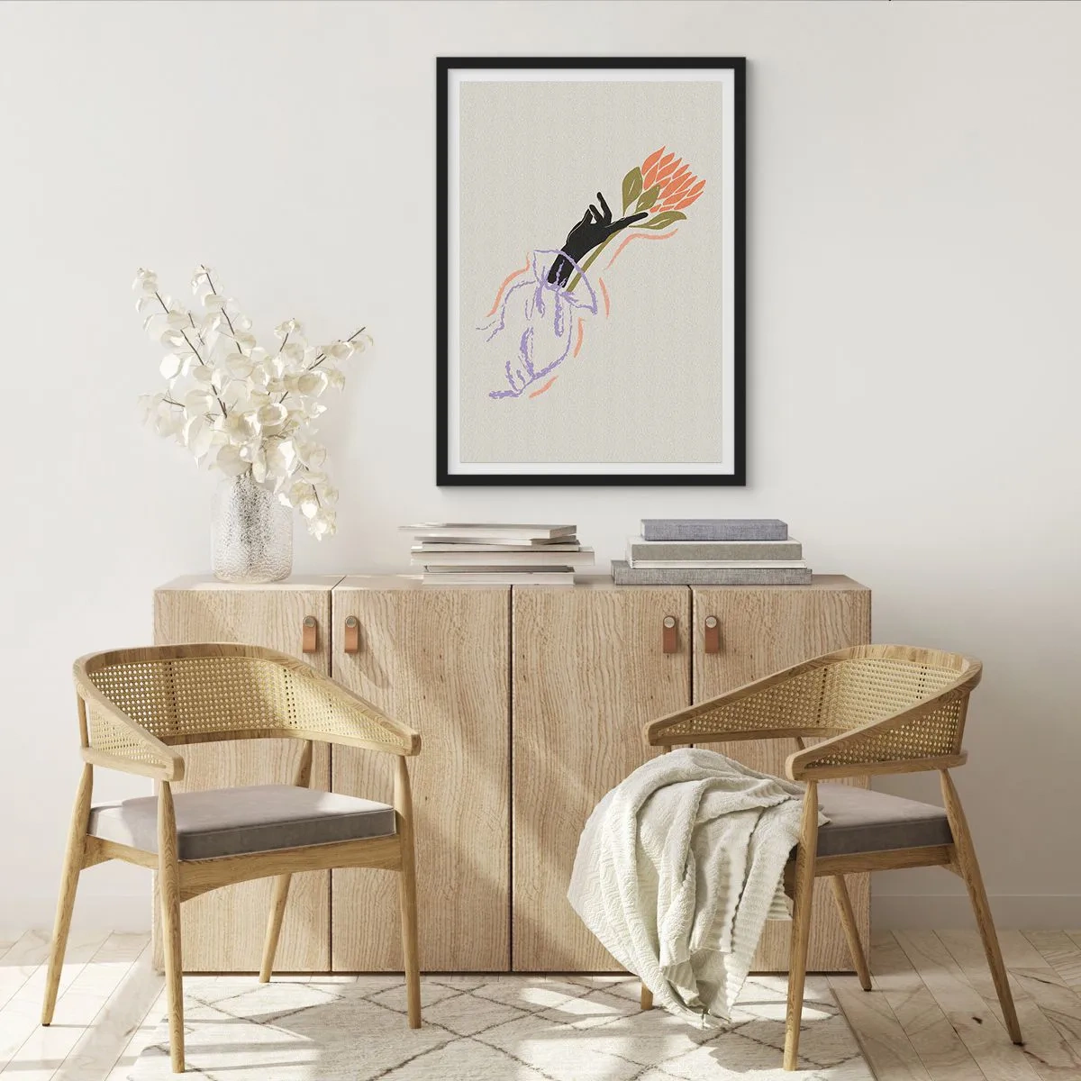 Affisch i svart ram - Abstrakt teckning av en hand som håller en blombukett - 50x70cm - En systerlig beröring - Modern väggdekoration för vardagsrum och sovrum ARTTOR