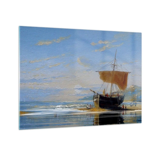 Glastavla - Bild på glas - Ett skepp med segel vid stranden i målerisk stil - 70x50cm - Vatten, jord, luft - Modern väggdekoration för vardagsrum och sovrum ARTTOR