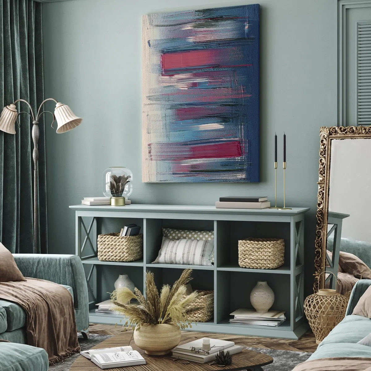 Canvastavla - Bild på duk - Vertikal komposition i blått och rött - 65x120 cm