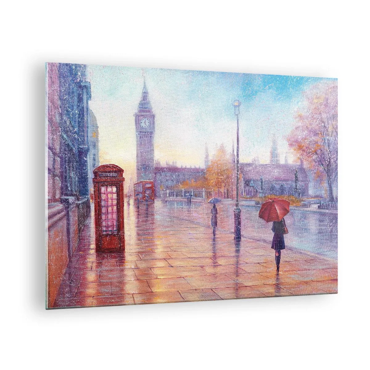 Glastavla - Bild på glas - Londonscen i regnet med Big Ben och den röda lådan - 70x50cm - Höstdag i London - Modern väggdekoration för vardagsrum och sovrum ARTTOR