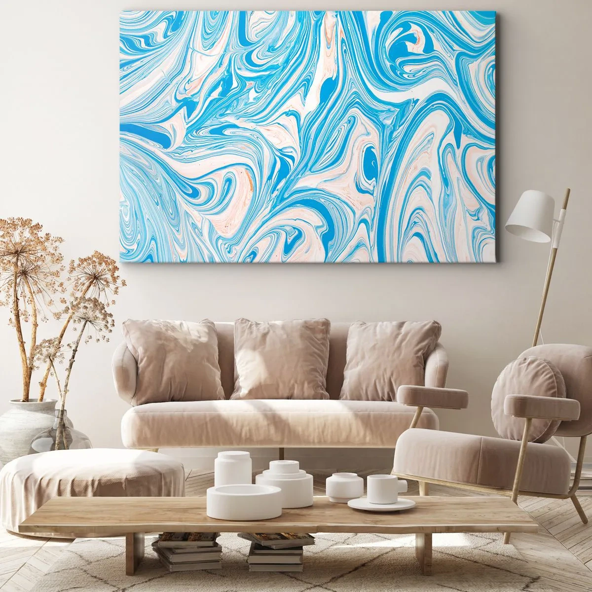 Canvastavla - Bild på duk - Abstrakta blå och vita marmorvirvlar - 70x50cm - Utspilld turkos - Modern väggdekoration för vardagsrum och sovrum ARTTOR