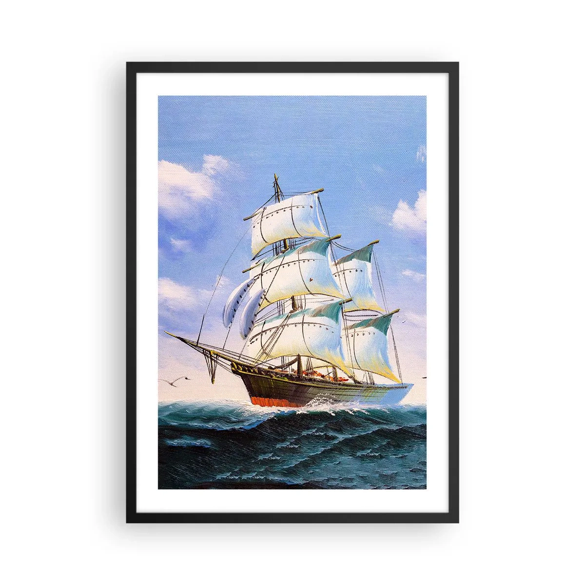 Affisch i svart ram - Ett segelfartyg mot havet, fulla segel - 50x70cm - Stolt med vinden - Modern väggdekoration för vardagsrum och sovrum ARTTOR