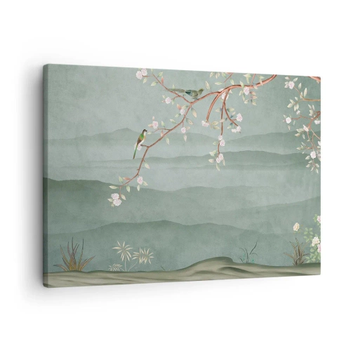 Canvastavla - Bild på duk - En pittoresk bild av en blommande trädgren med fåglar mot en bakgrund av gröna kullar. - 70x50cm - Vår, ah, det är du - Modern väggdekoration för vardagsrum och sovrum ARTTOR
