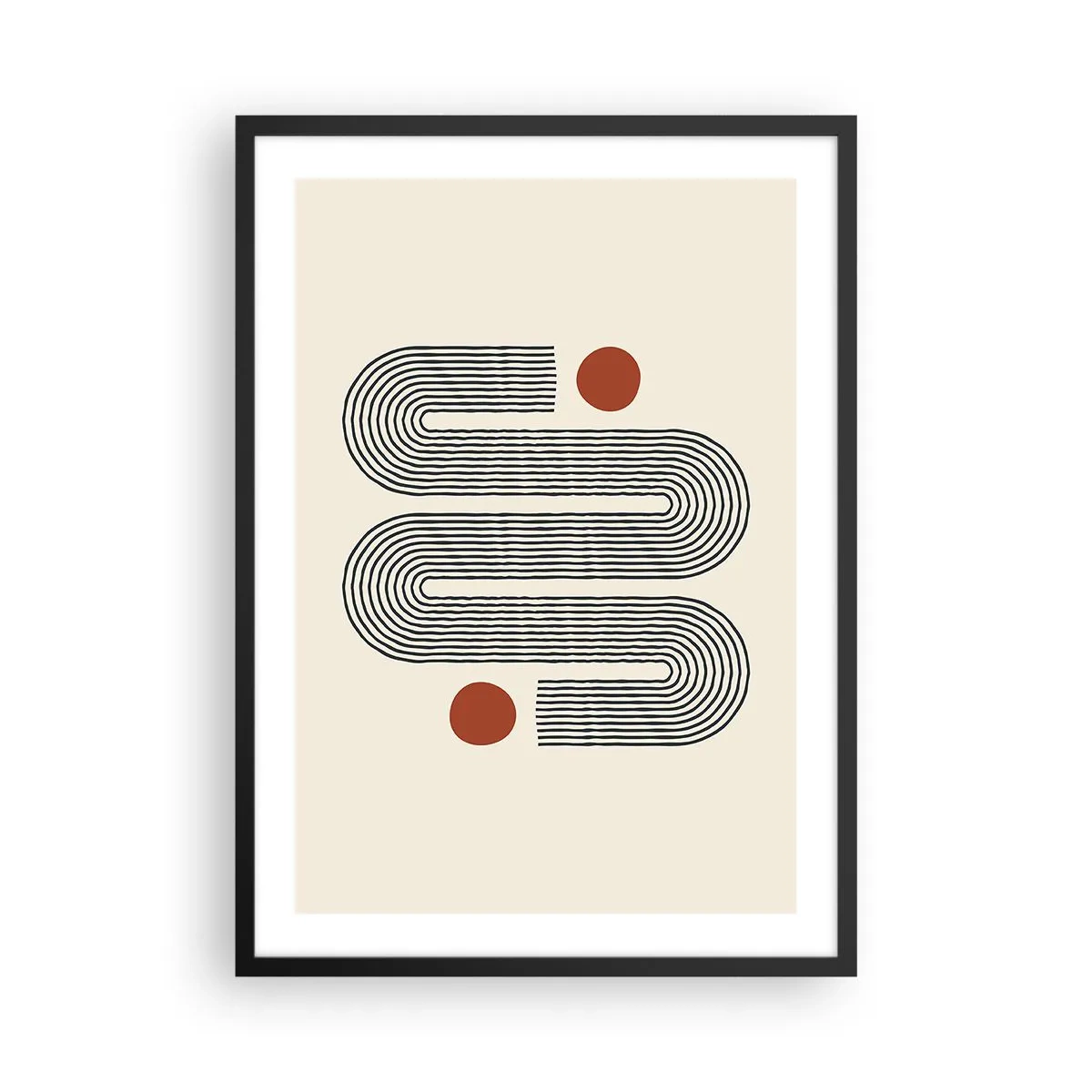 Affisch i svart ram - Geometriskt mönster med linjer och röda cirklar - 50x70cm - från början till slutet - Modern väggdekoration för vardagsrum och sovrum ARTTOR
