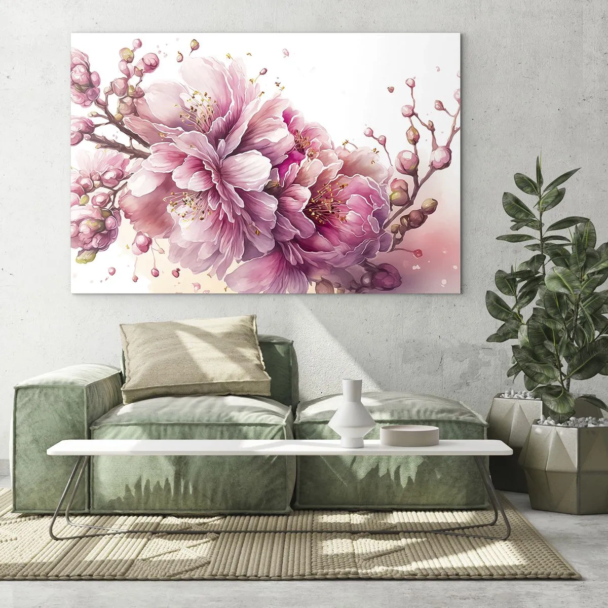 Glastavla - Bild på glas - Blommande körsbärsblomma - 70x50 cm