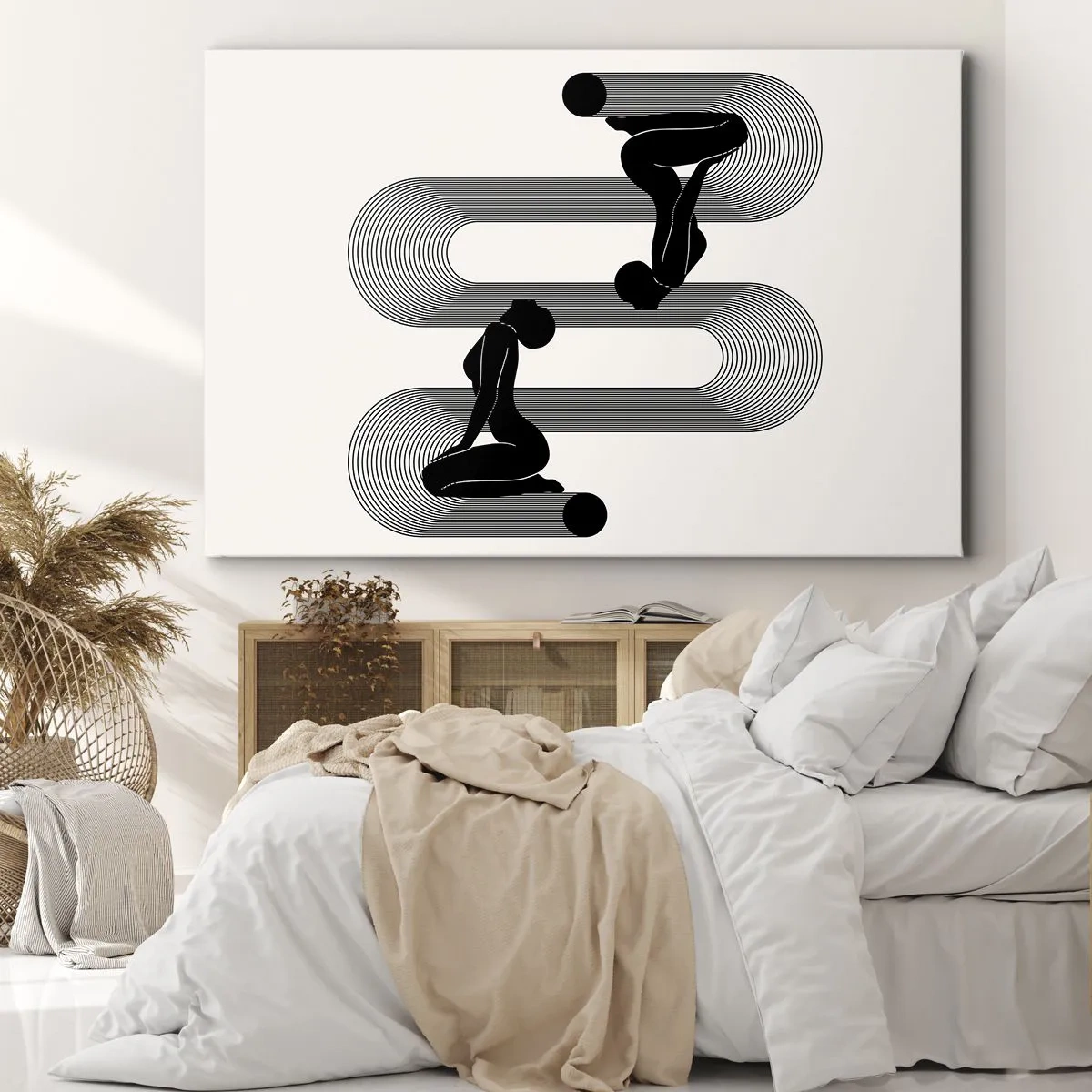 Canvastavla - Bild på duk - Svarta silhuetter med geometriska linjer på en ljus bakgrund - 70x50cm - Sensuell symmetri - Modern väggdekoration för vardagsrum och sovrum ARTTOR