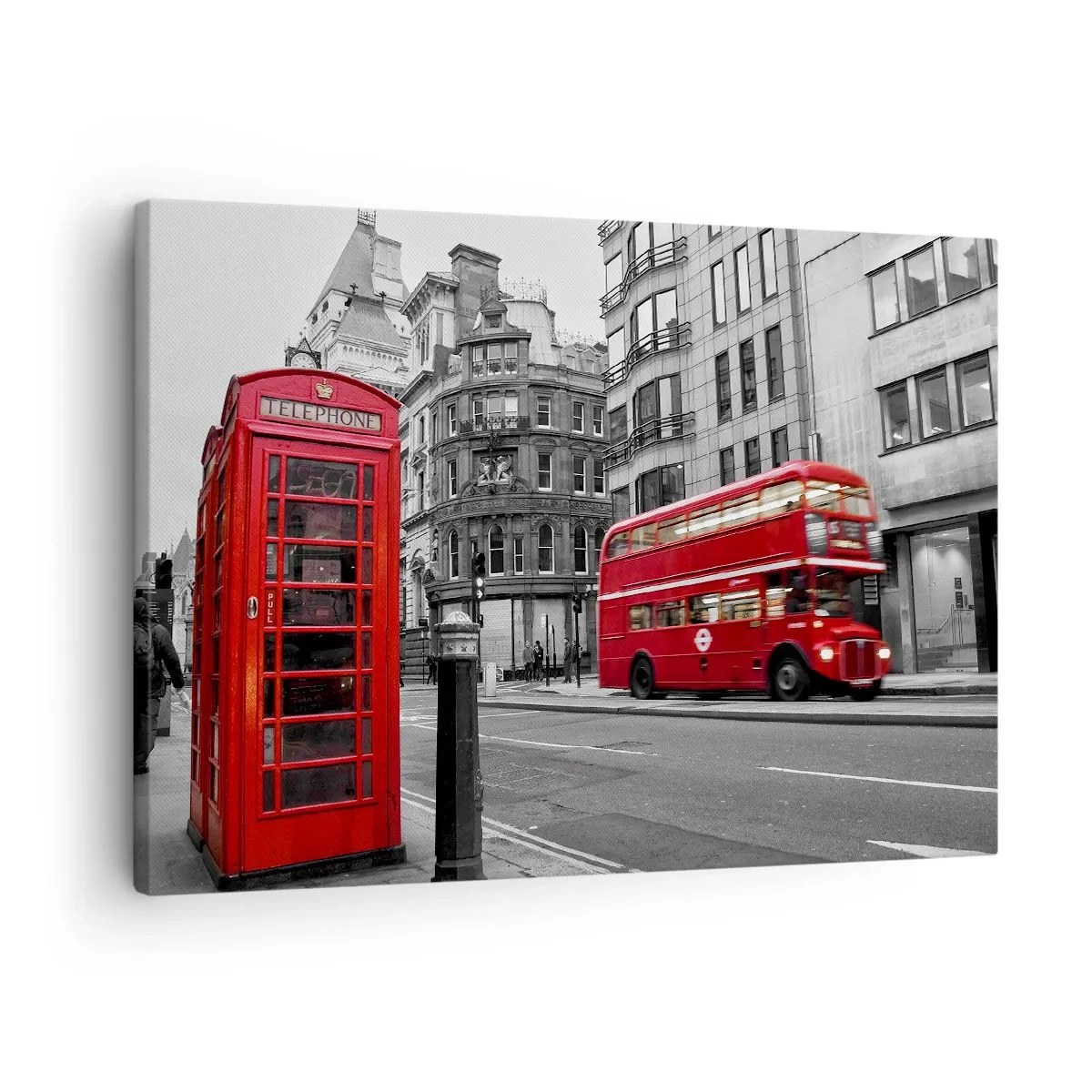 Canvastavla - Bild på duk - En röd telefonkiosk och en dubbeldäckarbuss i London med staden i bakgrunden - 70x50cm - Rödast i Europa - Modern väggdekoration för vardagsrum och sovrum ARTTOR