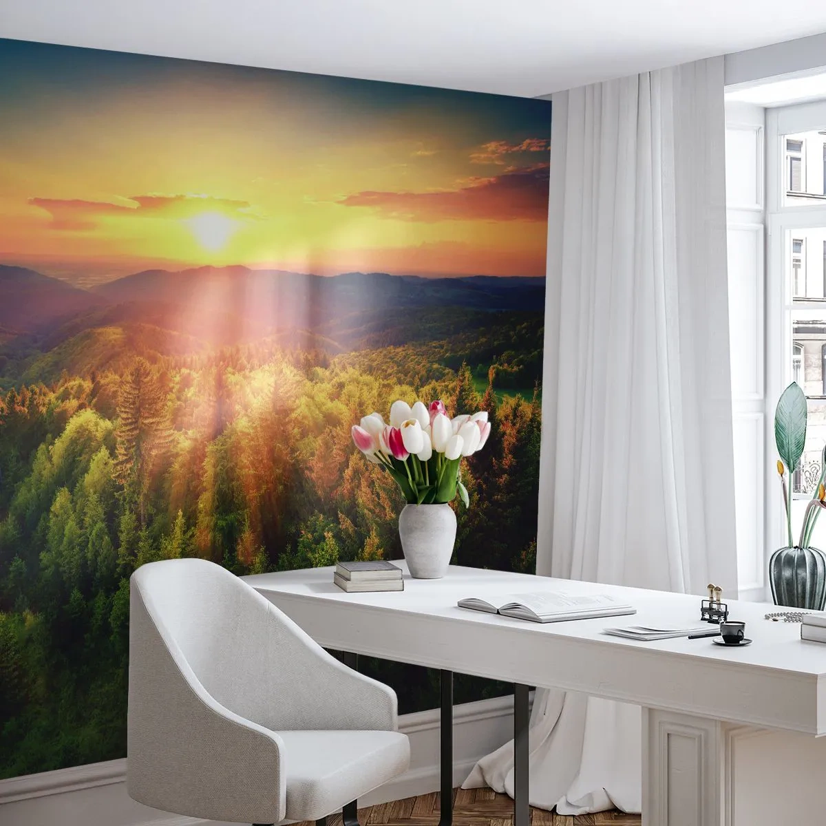 Fototapet Standard Eco - Solnedgång över bergskogen i varma färger - 100x70cm - Trädtoppar och bergstoppar - Modern väggdekoration för vardagsrum och sovrum ARTTOR
