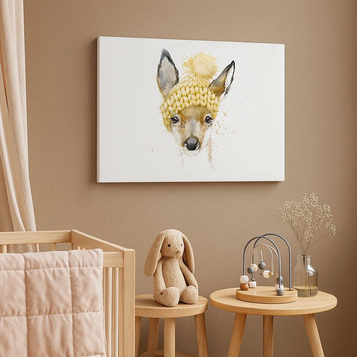 Canvastavla - Bild på duk - Akvarell hjort i en gul mössa - 70x50cm - För vinter i insnöad skog - Modern väggdekoration för vardagsrum och sovrum ARTTOR