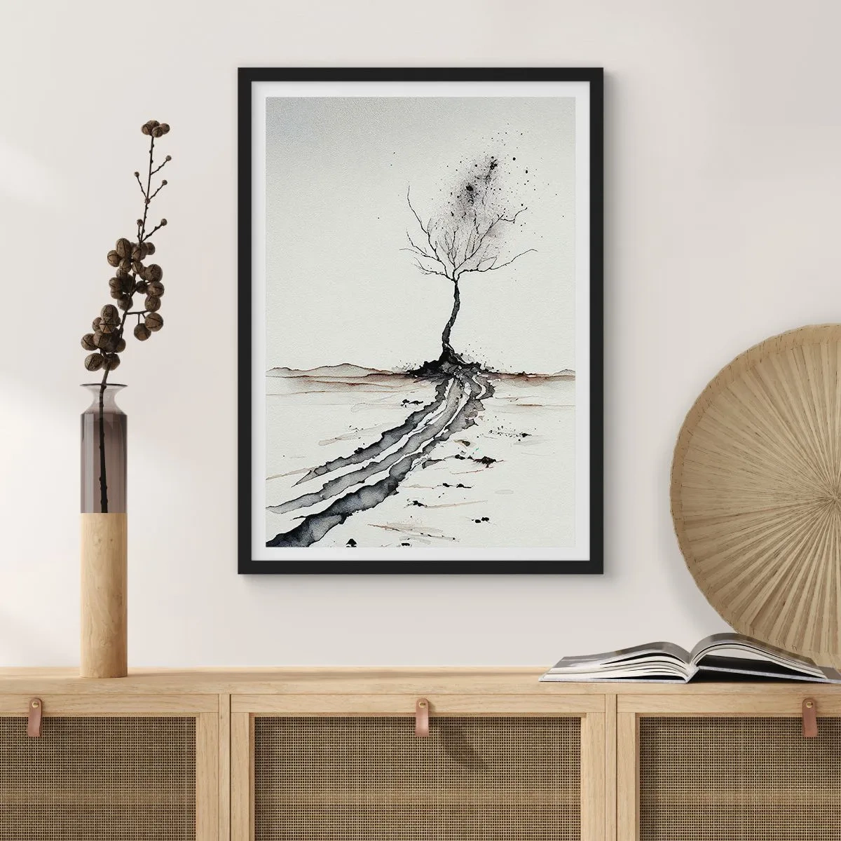 Affisch i svart ram - Ett minimalistiskt träd med abstrakta rötter - 50x70cm - Vinterns melankoli - Modern väggdekoration för vardagsrum och sovrum ARTTOR