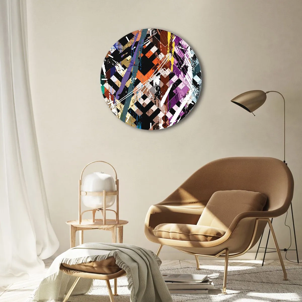 Väggklocka - Klocka på glas - Geometriska mönster i intensiva färger med en abstrakt effekt - 30x30cm - Kvadraten - Modern väggdekoration för vardagsrum, kök och sovrum ARTTOR