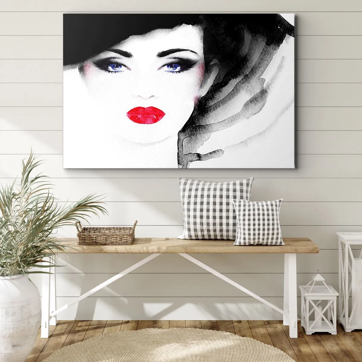 Canvastavla - Bild på duk - Porträtt av en kvinna med röda läppar och intensiva blå ögon - 70x50cm - Avvisar och kallar - Modern väggdekoration för vardagsrum och sovrum ARTTOR