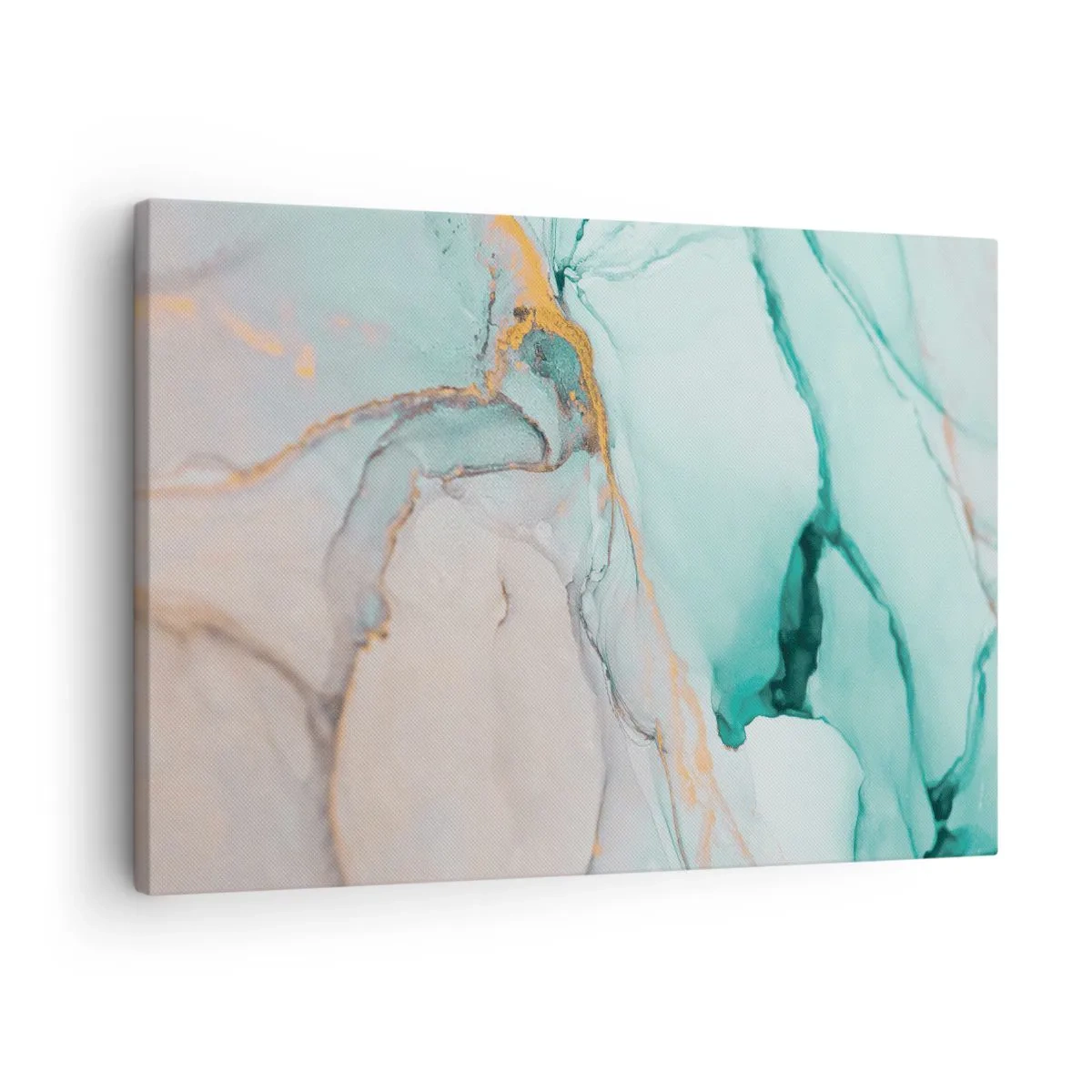 Canvastavla - Bild på duk - En abstrakt komposition i nyanser av turkos och guld. - 70x50cm - Formernas och färgernas dans - Modern väggdekoration för vardagsrum och sovrum ARTTOR