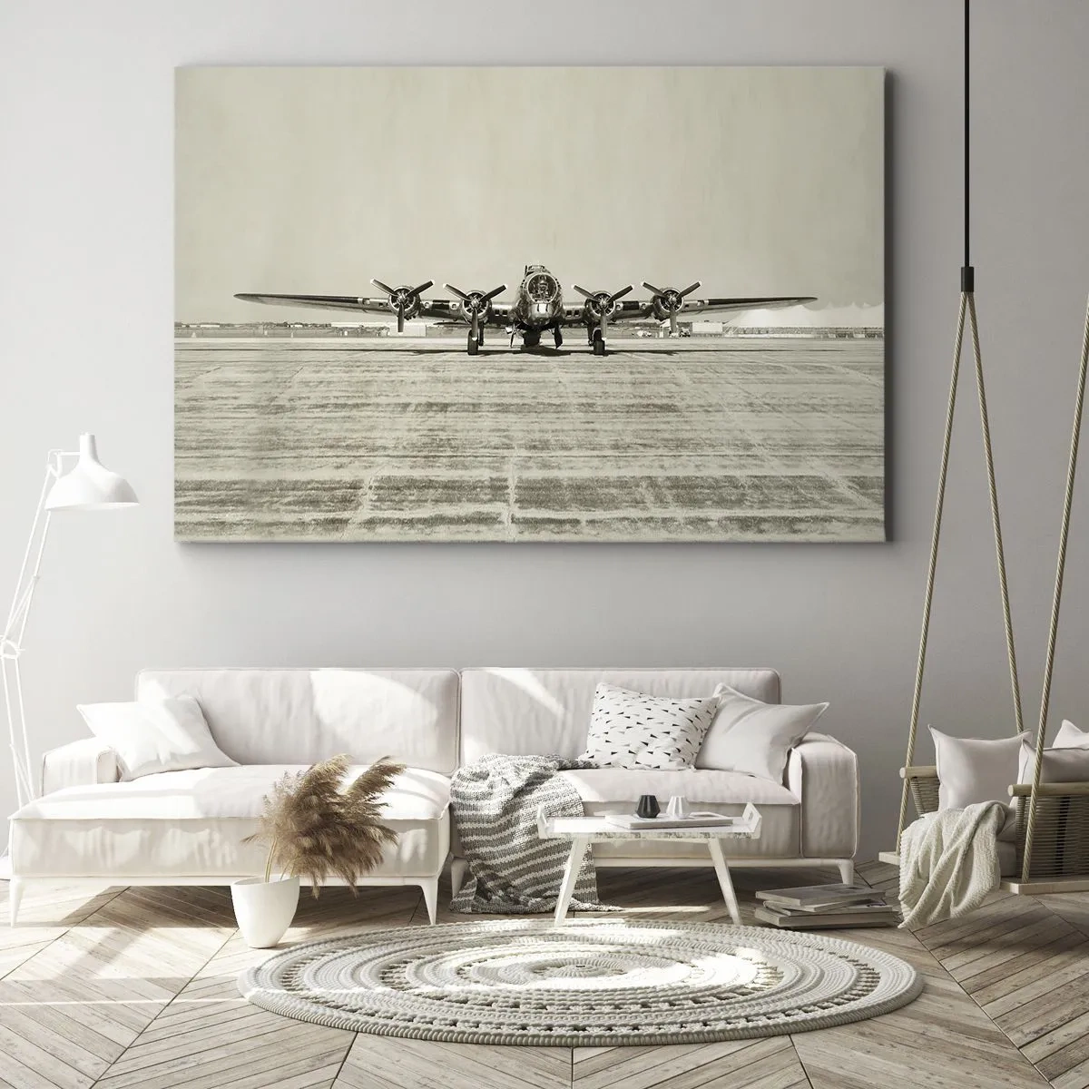 Canvastavla - Bild på duk - Historiskt flygplan på flygplatsen i sepia - 70x50cm - Redo som vanligt - Modern väggdekoration för vardagsrum och sovrum ARTTOR