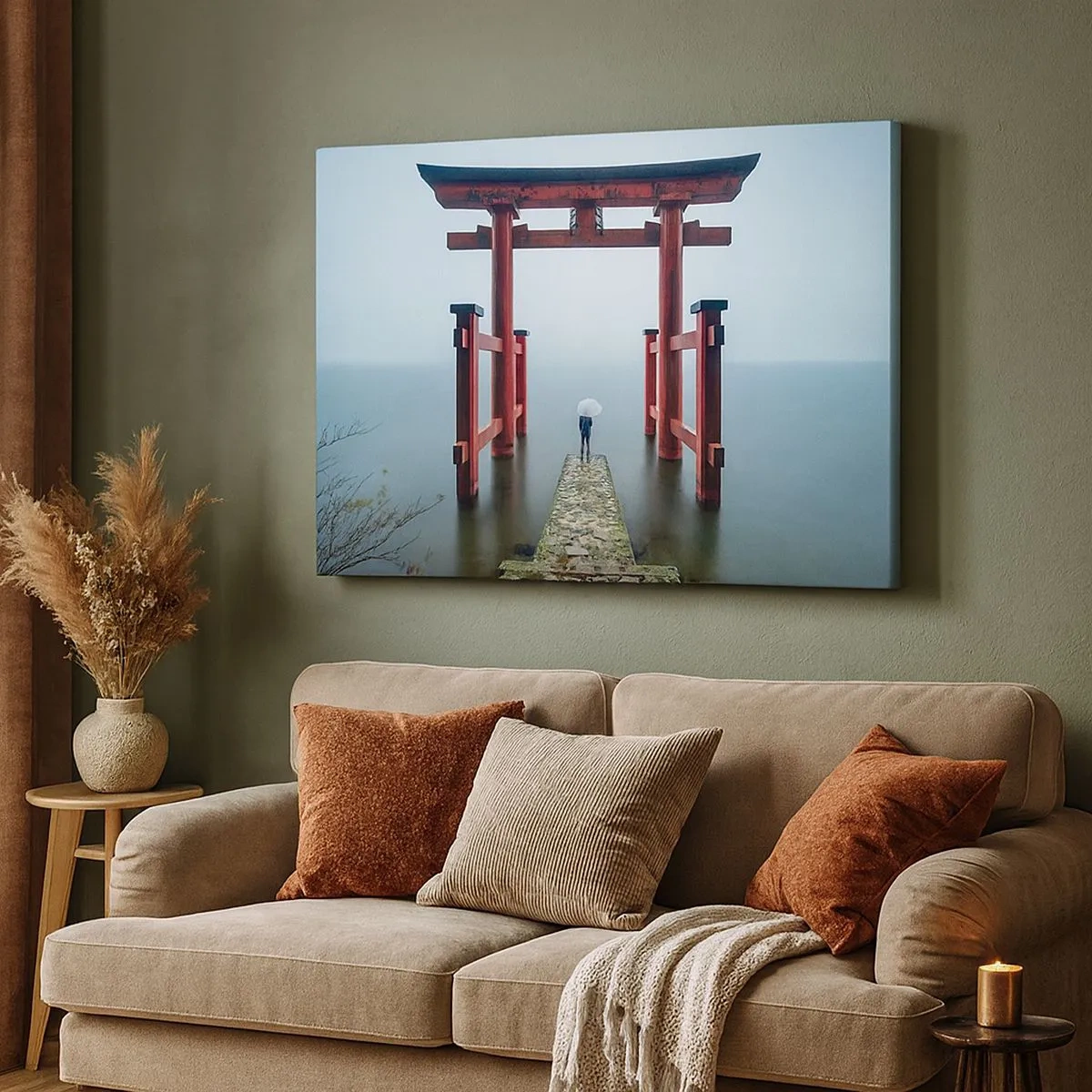 Canvastavla - Bild på duk - En toriiport med utsikt över en lugn sjö i Japan - 70x50cm - Japansk begrundan - Modern väggdekoration för vardagsrum och sovrum ARTTOR