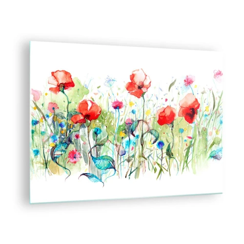 Glastavla - Bild på glas - Färgglada vallmo och vildblommor i akvarellstil - 70x50cm - Majblommande äng - Modern väggdekoration för vardagsrum och sovrum ARTTOR